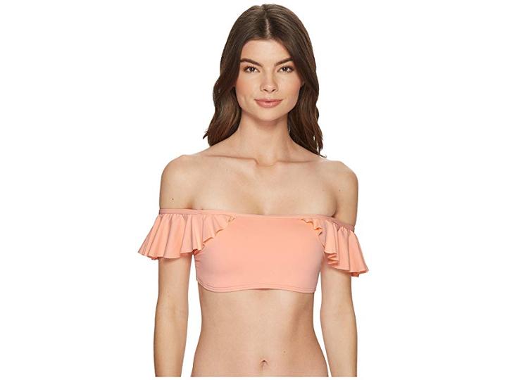 Vince Camuto Riviera Solids Ruffle Off The Shoulder Bikini Top W/ Removable Soft Cups Straps (peony) Women's Swimwear