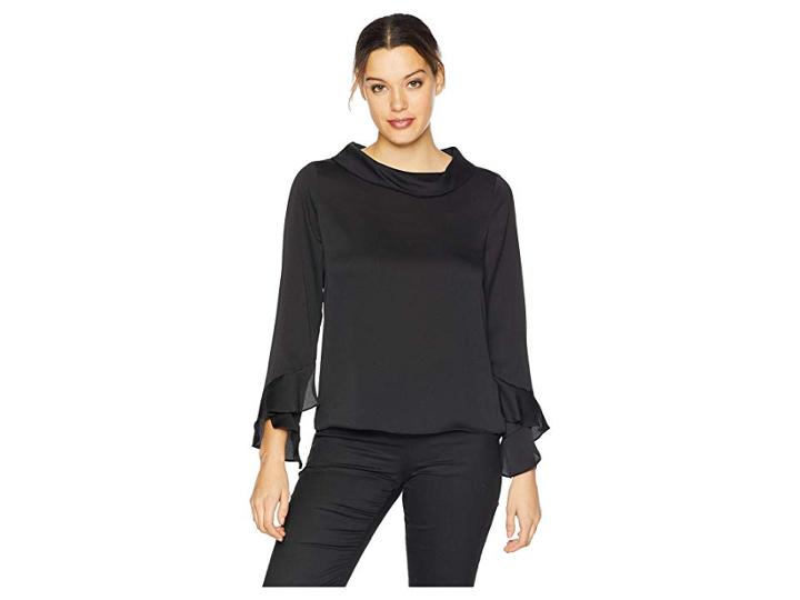 Vince Camuto Long Sleeve Flutter Cuff Mock Neck Blouse (rich Black) Women's Blouse