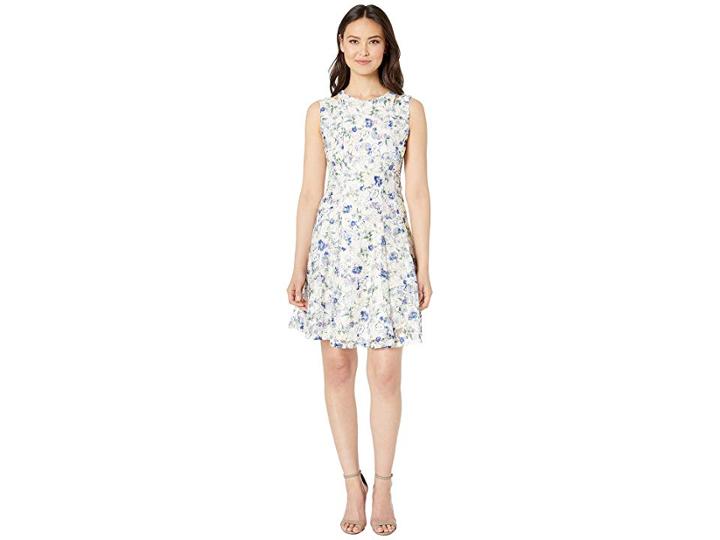 Gabby Skye Printed Rose Lace Seam Down Fit N Flare (cream/periwinkle) Women's Dress