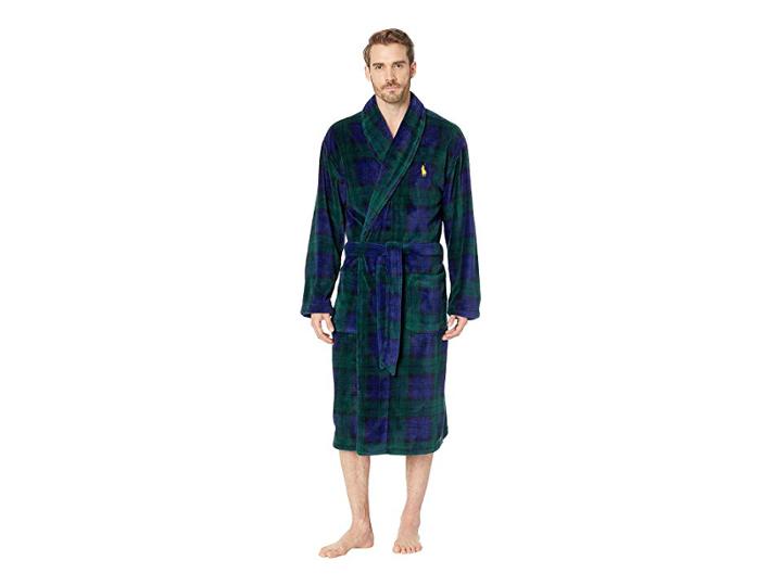 Polo Ralph Lauren Microfiber Plush Long Sleeve Shawl Collar Robe (blackwatch Plaid/polo Yellow Pony Print) Men's Robe