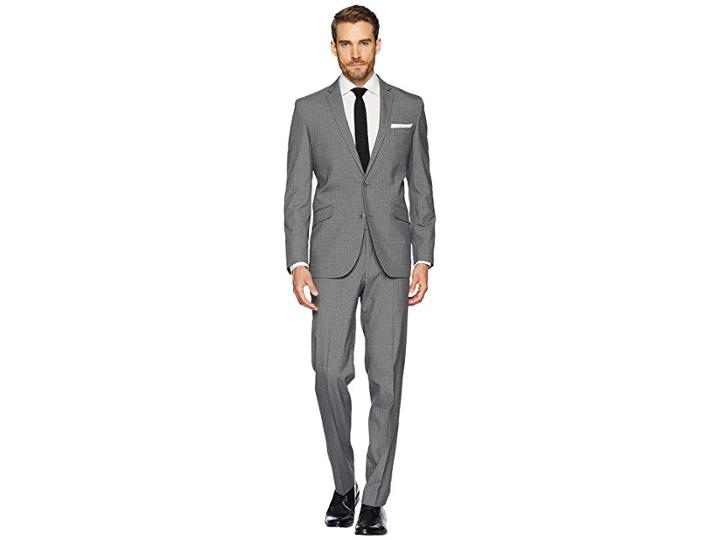 Kenneth Cole Reaction Stretch Slim Fit Windowpane 32 Finished Bottom Suit (mid Grey) Men's Suits Sets