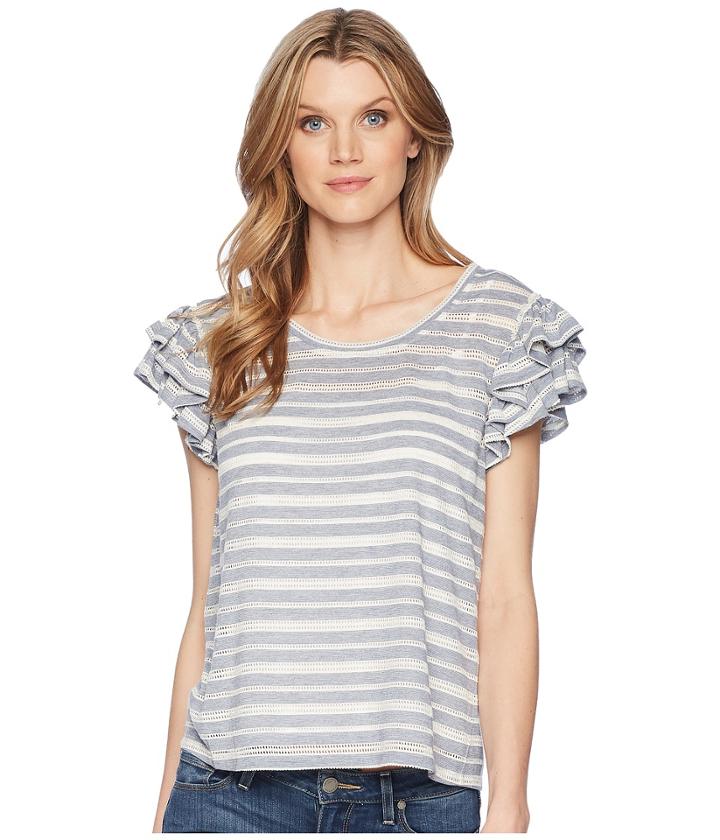 Ivanka Trump Knit Striped Ruffle Sleeve Off The Shoulder Top (blue/ivy) Women's Clothing