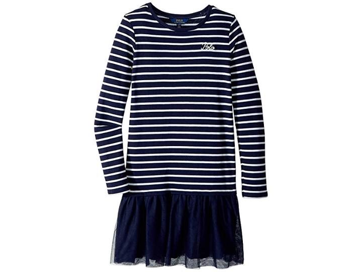 Polo Ralph Lauren Kids Striped Terry-tulle Dress (little Kids/big Kids) (french Navy/white) Girl's Dress