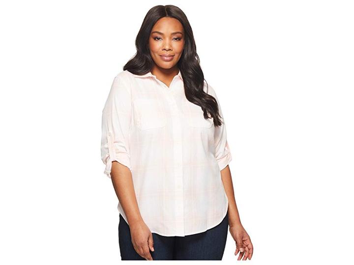 Lauren Ralph Lauren Plus Size Plaid Rolled-cuff Cotton Shirt (pink Multi) Women's Clothing