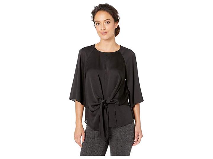 Vince Camuto Specialty Size Petite Bell Sleeve Tie Front Keyhole Hammer Satin Blouse (rich Black) Women's Blouse