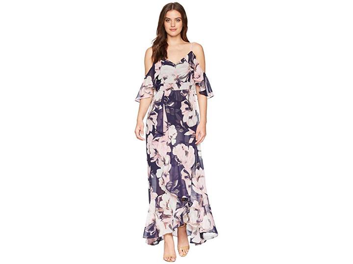 Vince Camuto Printed Chiffon Cold Shoulder Maxi Dress With Ruffled Skirt (navy Multi) Women's Dress