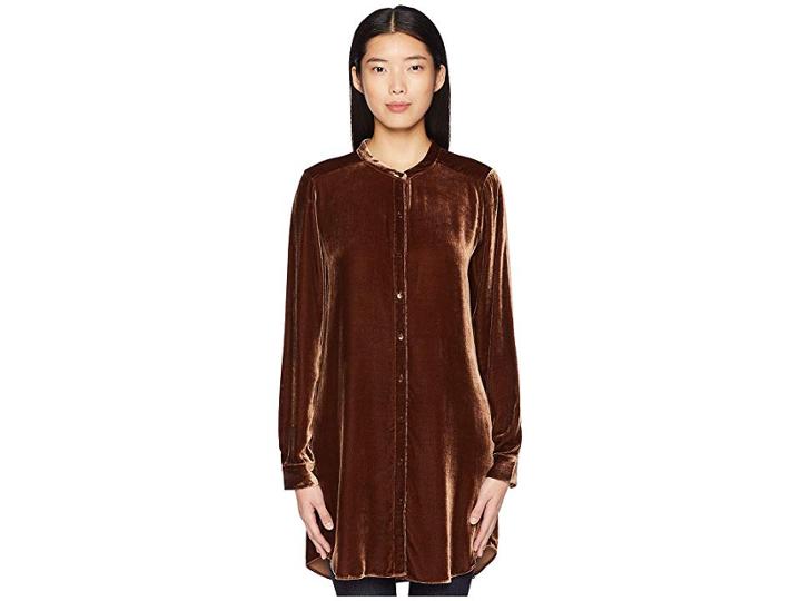Eileen Fisher Velvet Mandarin Collar Long Shirt (nutmeg) Women's Clothing