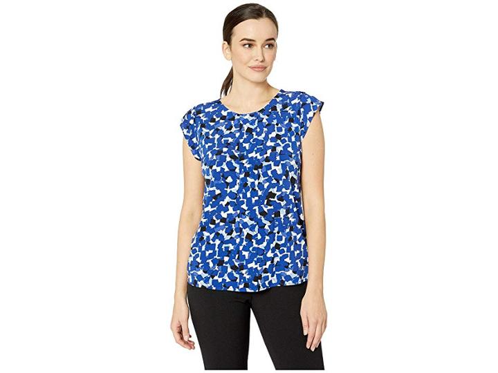 Tahari By Asl Matte Jersey Printed Cap Sleeve Top (cobalt/ivory) Women's Clothing