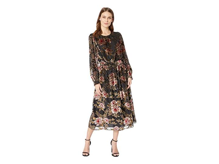 Vince Camuto Long Sleeve Floral Velvet Burnout Dress (rich Black) Women's Dress