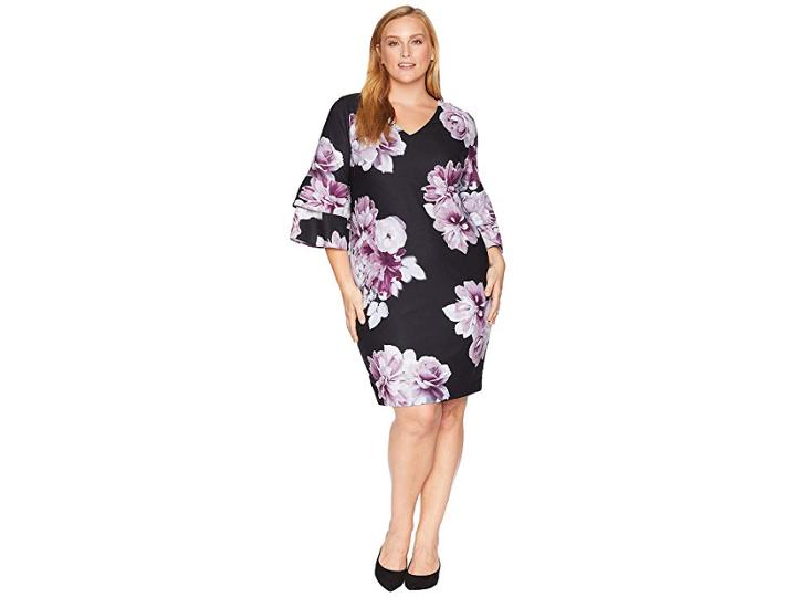 Calvin Klein Plus Plus Size Print Dress W/ D Double Ruffle (black Multi) Women's Dress