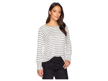 Two By Vince Camuto Long Sleeve Mixed Media Pique Bar Stripe Top (rich Black) Women's Clothing