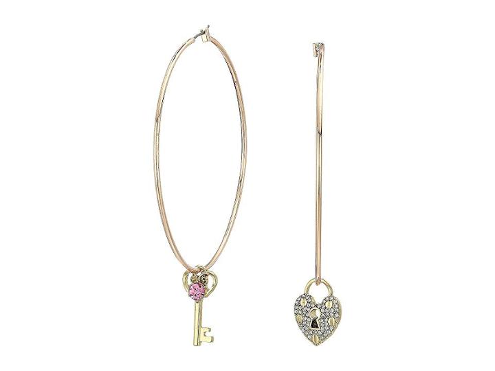 Betsey Johnson Rose Gold Hoop Earrings With Lock And Key Charm (pink) Earring