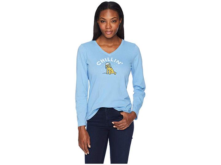 Life Is Good Chillin' Rocket Crusher Long Sleeve Vee (powder Blue) Women's T Shirt