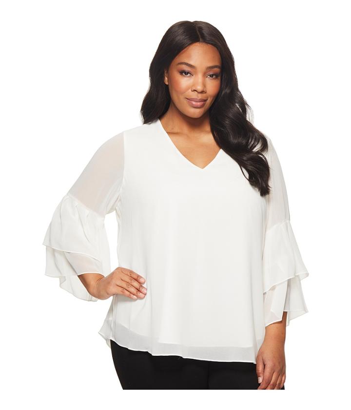 Calvin Klein Plus Plus Size V-neck Blouse With Two Tier Sleeve (soft White) Women's Long Sleeve Pullover