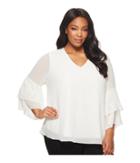 Calvin Klein Plus Plus Size V-neck Blouse With Two Tier Sleeve (soft White) Women's Long Sleeve Pullover