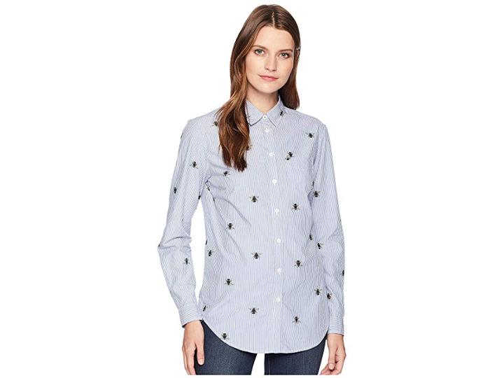 Joules Lucie Printed Classic Fit Shirt (blue Botanical Bee Stripe) Women's Clothing