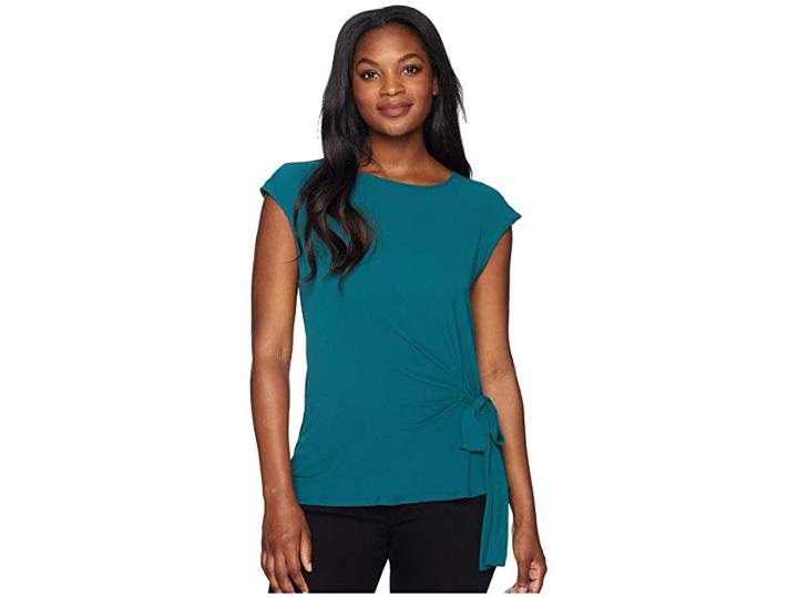 Vince Camuto Short Sleeve Mix Media Tie Front Blouse (verdant Green) Women's Clothing