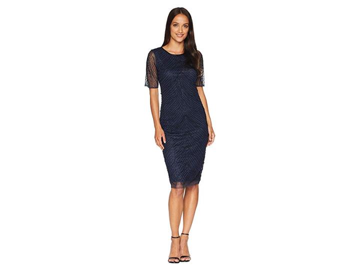 Adrianna Papell Short Sleeve Fully Beaded Cocktail Dress (navy/black) Women's Dress