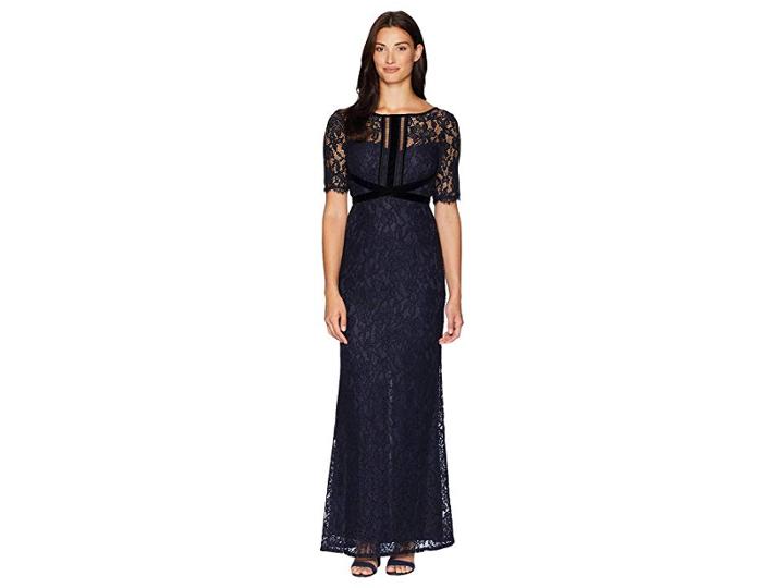 Adrianna Papell Elbow Sleeve Lace Gown With Crisscross Bodice Detail (midnight) Women's Dress