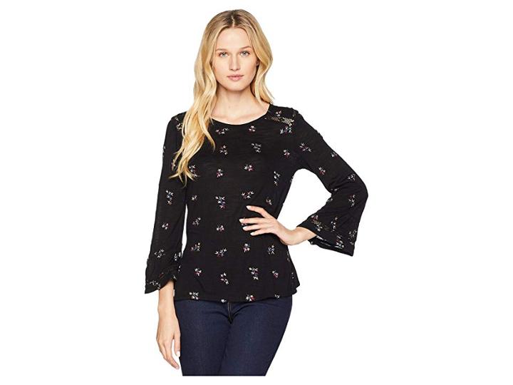 Lucky Brand Swiss Dot Floral Top (black Multi) Women's Clothing