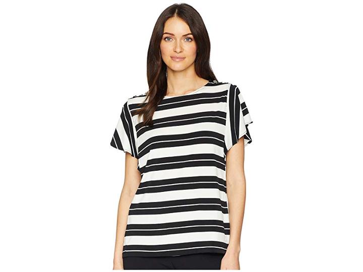 Calvin Klein Printed Flutter Sleeve Top W/ Buttons (black/white) Women's Clothing