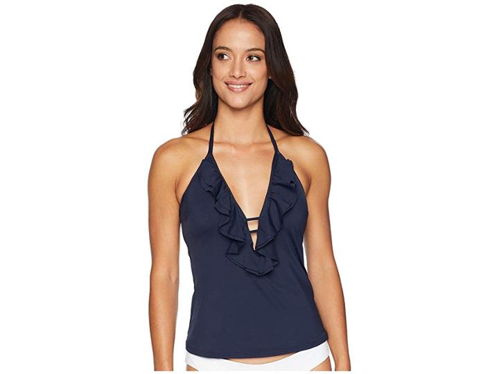 Michael Michael Kors Solids Ruffle Deep V Tankini W/ Molded Cups (new Navy) Women's Swimwear