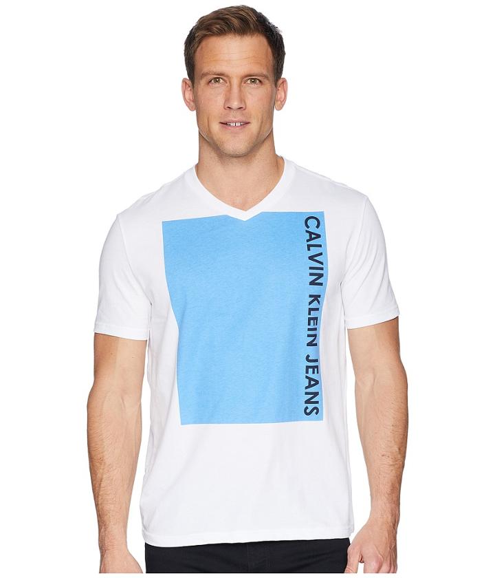 Calvin Klein Jeans Short Sleeve T-shirt Vertical Logo V-neck (azure Blue) Men's Clothing