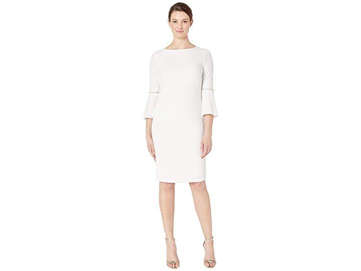 Marina Stretch Crepe Sheath With Bell Sleeve (ivory) Women's Clothing