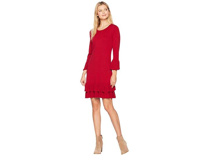 Nine West Bell Sleeve Sweater Dress W/ Double Ruffle Hem (rouge) Women's Dress