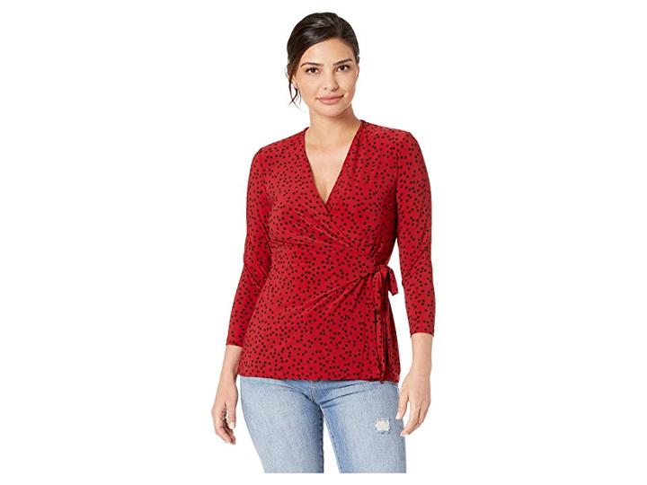 Anne Klein Camille Dot 3/4 Sleeve Wrap Top (titian Red/anne Black) Women's Blouse