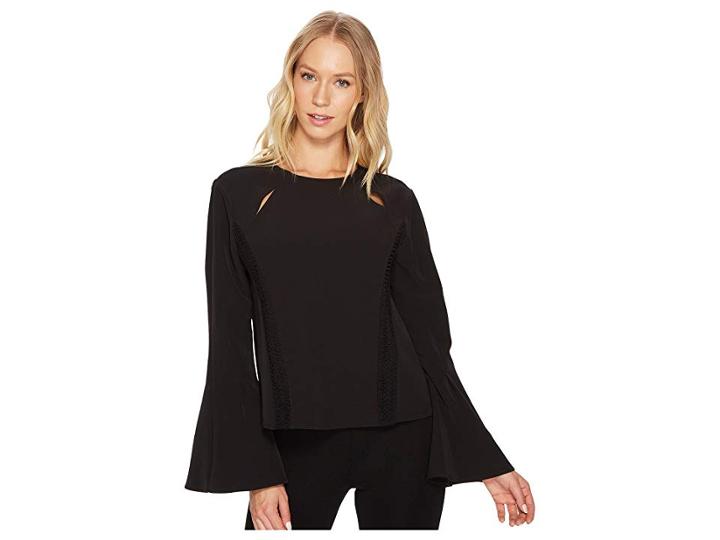 Catherine Catherine Malandrino Scoop Neck Fagoting Insert Long Sleeve Flare Top (black Beauty) Women's Short Sleeve Pullover