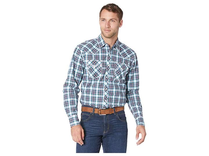 Wrangler 20x Competition Advance Comfort Snap Plaid (black/turquoise) Men's Clothing
