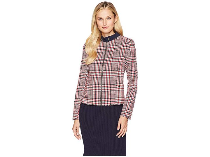 Tommy Hilfiger Plaid Zip Front Jacket (scarlet Multi/midnight) Women's Coat