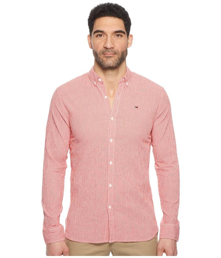 Tommy Jeans Seersucker Button Down Shirt (racing Red) Men's Clothing