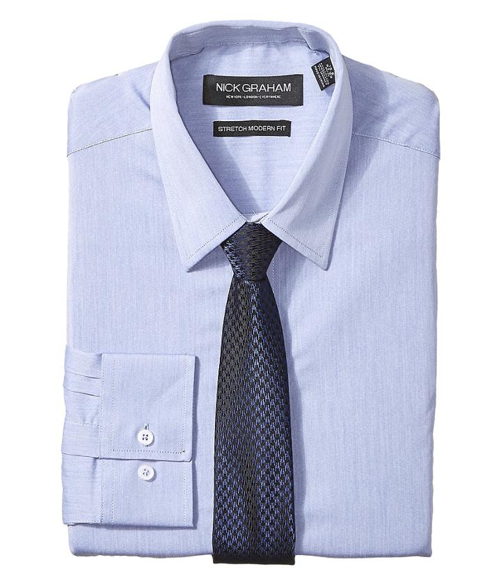Nick Graham Chambray Stretch Dress Shirt With Houndstooth Tie (blue) Men's Long Sleeve Button Up