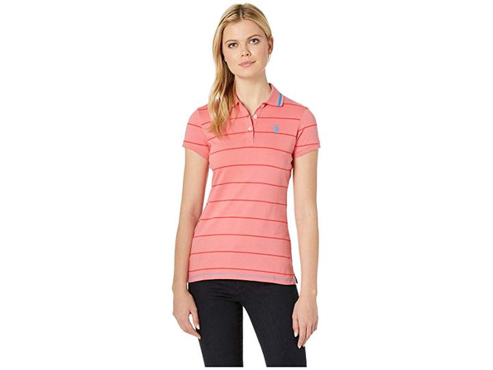 U.s. Polo Assn. Striped Jersey Polo (sunkist Coral) Women's Short Sleeve Pullover