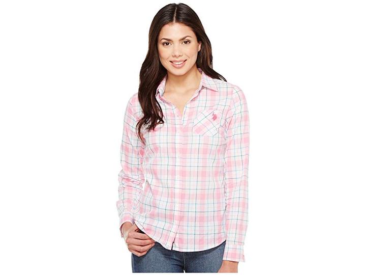 U.s. Polo Assn. Classic Poplin Plaid Woven Shirt (pink Rocket) Women's Clothing