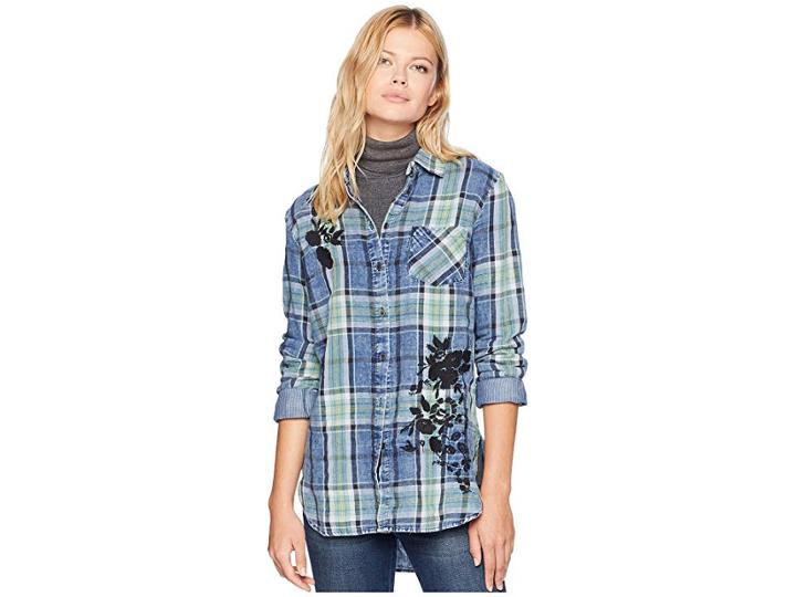 Tribal Long Sleeve Shirt With Embroidery Detail (blue Jay) Women's Long Sleeve Pullover