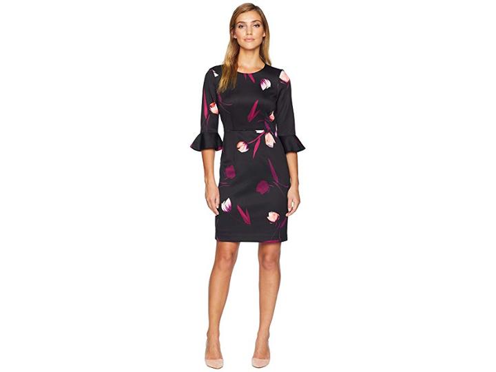 Nine West Printed Scuba 3/4 Ruffle Sleeve Dress (black/plum Multi) Women's Dress