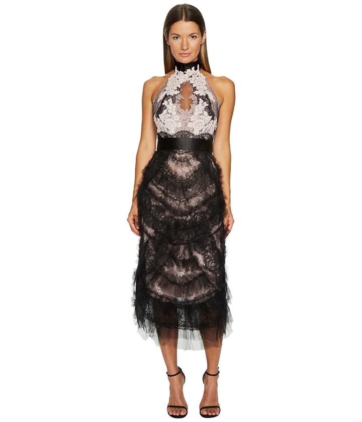 Marchesa Tea Length Cocktail With Corded Lace And Chantilly (black/blush) Women's Dress