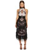 Marchesa Tea Length Cocktail With Corded Lace And Chantilly (black/blush) Women's Dress