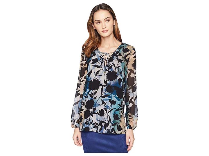 Calvin Klein Print Lace-up Long Sleeve Blouse (cypress Multi) Women's Blouse