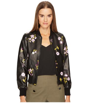 Kate Spade New York In Bloom Leather Bomber Jacket (black Multi) Women's Coat