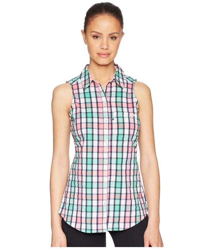Columbia Super Harborside Woven Sleeveless Shirt (winter Green Gingham Seersucker) Women's Sleeveless