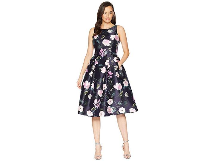 Tahari By Asl Printed Floral Fit Flare Party Dress (navy/blush/ivory) Women's Dress