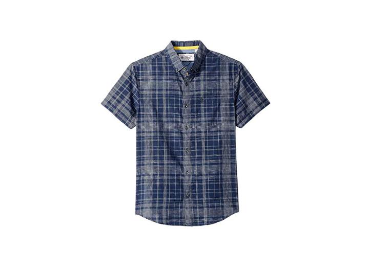 Original Penguin Short Sleeve Linen Plaid Shirt (dark Sapphire) Men's Clothing