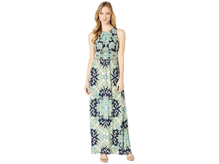 London Times Floral Medallion Pleat Neck (navy/citron) Women's Dress