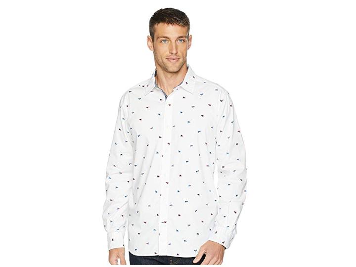 Nautica Long Sleeve Waving Flag Print Woven Shirt (bright White) Men's Clothing