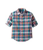 Janie And Jack Roll Sleeve Button-up Shirt (toddler/little Kids/big Kids) (teal Madras) Boy's Long Sleeve Button Up