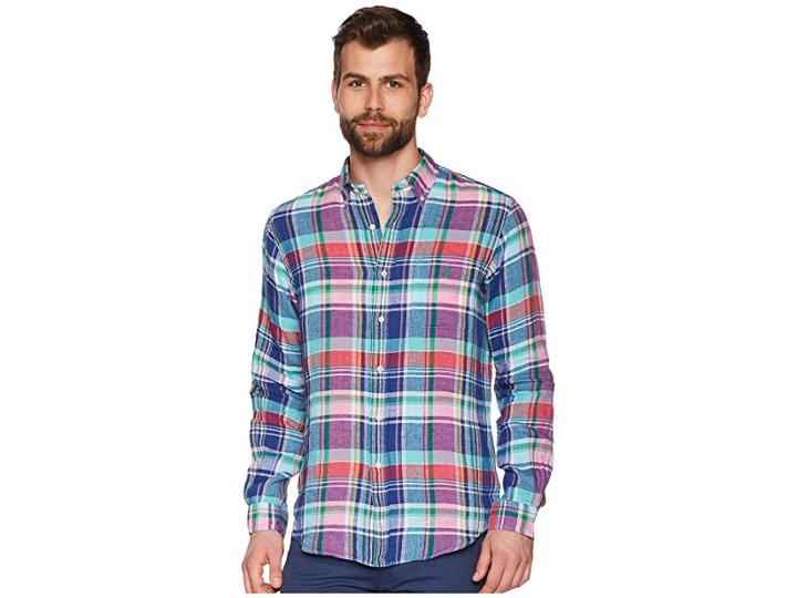 Polo Ralph Lauren Linen Long Sleeve Sport Shirt (aegean Blue/red Multi) Men's Clothing